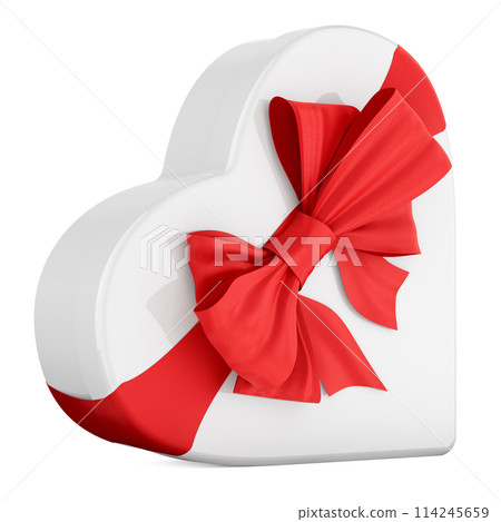 Gift box in the shape of heart with red bow. Valentines Day concept. 3D rendering Gift box in the shape of heart with red bow. Valentines Day concept. 3D rendering 114245659