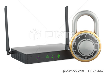 Wireless internet router with padlock, 3D rendering 114245667