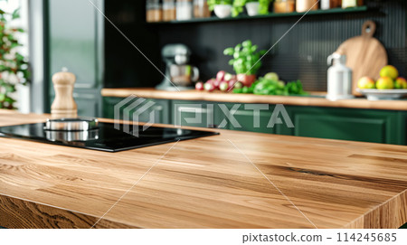 Close up of an empty warm wooden kitchen countertop with sink and faucet, emphasis on texture and craftsmanship. Scene showcase template for promotional items, banner, copy space 114245685