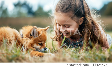 A smiling girl enjoys tender moments with a little puppy, lying on the green grass. Concept of love for animals, friendship and relationship between children and dogs 114245740