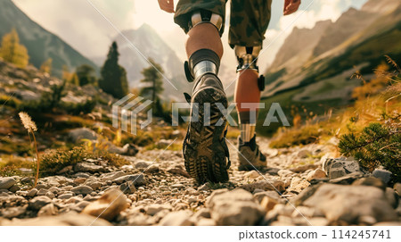 Man with prosthetic legs, an athlete runner runs along rocky path in mountainous area, close-up of man's legs. Active lifestyle concept with disability, movement and persistence, adventure and travel 114245741