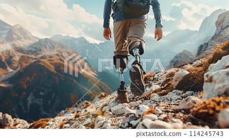 Brave traveler with prosthetic legs overcomes mountain path, personifying perseverance and strength, close-up of man's legs. Active lifestyle with disability, movement and perseverance, adventure Brave traveler with prosthetic legs overcomes mountain path, personifying perseverance and strength, close-up of man's legs. Active lifestyle with disability, movement and perseverance, adventure 114245743