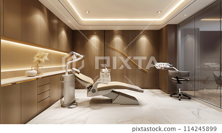Ultra-modern dental clinic interior in futuristic design, with sleek curved structures, ambient lighting modern furniture. Design conveys high-tech, clean and sterile environment with cozy atmosphere 114245899