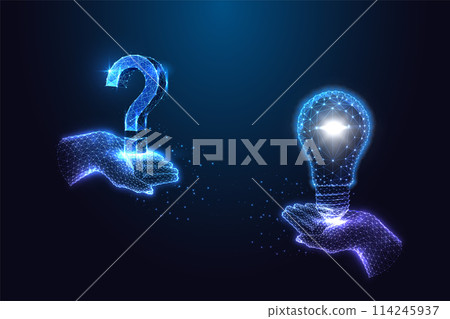 Questions and answers concept, creativity, innovation, futuristic thinking on dark blue background Questions and answers concept, creativity, innovation, futuristic thinking on dark blue background 114245937