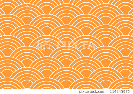 Orange arch shapes. Repeating suns wallpaper. Japanese seigaiha pattern. Sea or ocean waves background. Scallops print. Fish squama or dragon scale. Simple geometric ornament. Vector illustration 114245975