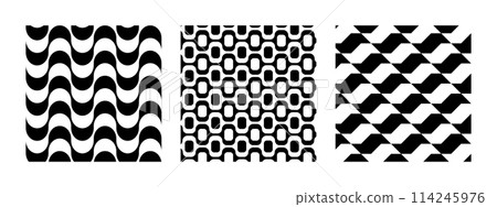 Copacabana, Ipanema and Sao Paulo boardwalk patterns. Famous beach promenades in Brazil. Repeating black and white wave textures in Portuguese pavement style. Vector graphic illustration 114245976