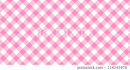 Pink and white diagonal gingham pattern. Textile design for teenage or baby girl. Tablecloth, picnic plaid, basket napkin, towel or handkerchief print. Checkered background. Vector flat illustration Pink and white diagonal gingham pattern. Textile design for teenage or baby girl. Tablecloth, picnic plaid, basket napkin, towel or handkerchief print. Checkered background. Vector flat illustration 114245978