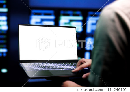 Skilled programmer conducting annual auditing of high tech facility servers using mock up laptop to optimize its lifespan, prevent downtime and ensure uninterrupted computing power 114246101