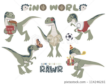 Dino velociraptor baby animal sticker set isolated Dino velociraptor baby animal sticker set isolated 114246281