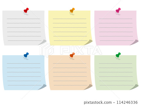 Set of illustrations of colored lined notepads with pins Set of illustrations of colored lined notepads with pins 114246336
