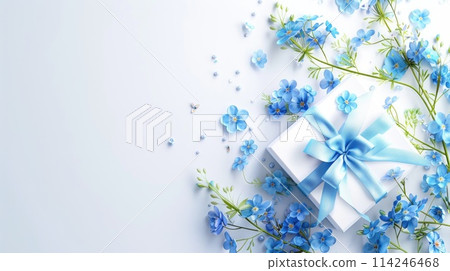 Elegant Blue Floral Gift Box on a Serene Pastel Background, ai-generated item Elegant Blue Floral Gift Box on a Serene Pastel Background, ai-generated item 114246468