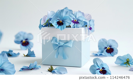 Elegant Blue Gift Box with Blooming Pansies Overflowing, ai-generated item 114246476