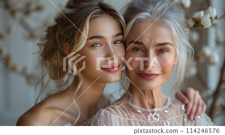 Intergenerational Beauty Portrait: Young Woman and Senior Lady Embrace, ai-generated item 114246576