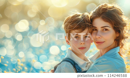 Mother and Son Enjoying Golden Hour in Flower Field, ai-generated item 114246588