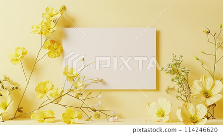 Blank Canvas Display with Yellow Flowers on Pastel Background, ai-generated item 114246620