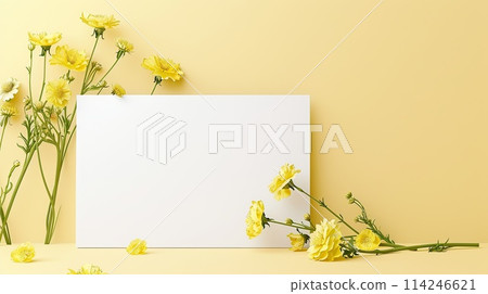 Vibrant Yellow Buttercups with Empty White Canvas on Pastel Background, AI-generated item 114246621