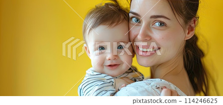 Radiant Motherhood: Smiling Woman with Adorable Baby on Yellow Background, ai-generated item 114246625