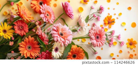 Colorful Gerbera Daisies with Petals on Pastel Background, ai-generated item Colorful Gerbera Daisies with Petals on Pastel Background, ai-generated item 114246626