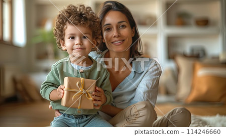 Mother and Toddler Son Sharing Special Moment with a Gift at Home, ai-generated item 114246660