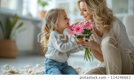 Mother-Daughter Bonding Time with Spring Flowers in Sunny Room, ai-generated item 114246661