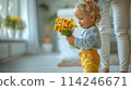 Toddler Holding Bouquet of Daisies Indoors with Mother's Support, ai-generated item 114246671
