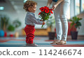 Adorable Toddler Receiving Bright Red Flowers from Adult, ai-generated item 114246674