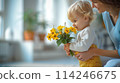 Tender Motherhood Moment with Child Holding Flowers, ai-generated item 114246675