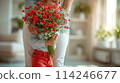 Little Girl Embracing a Bouquet of Red Carnations Indoors, ai-generated item 114246677