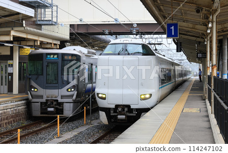 Kuroshio Express train lined up next to a 225 series local train at Gobo Station 114247102
