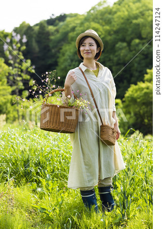 Woman picking flowers Woman picking flowers 114247124