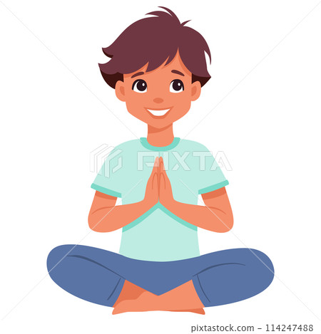 Boy doing yoga Lotus easy pose Boy doing yoga Lotus easy pose 114247488