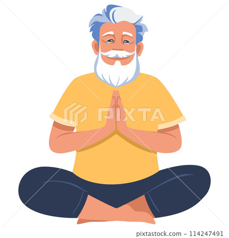 Old man doing yoga Lotus easy pose 114247491
