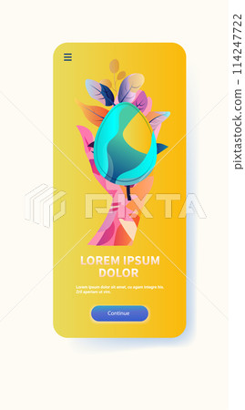 Happy Easter greeting card human hand holding egg holiday celebration card vertical copy space 114247722