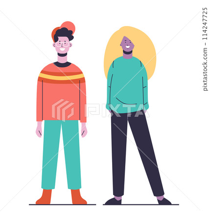 young man and woman posing in casual clothes cartoon characters standing together full length young man and woman posing in casual clothes cartoon characters standing together full length 114247725