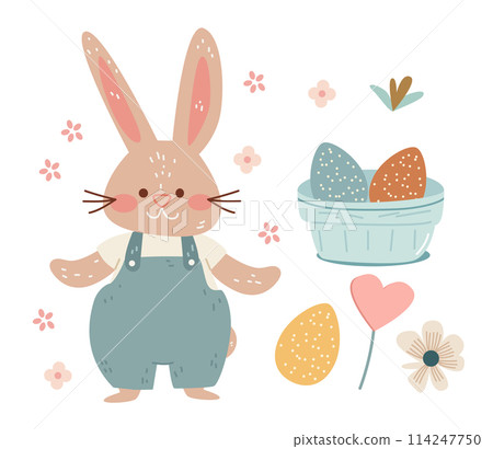 Happy Easter greeting card with rabbit eggs and spring flowers pastel colors holiday celebration card Happy Easter greeting card with rabbit eggs and spring flowers pastel colors holiday celebration card 114247750