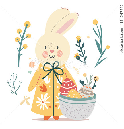 Happy Easter greeting card with rabbit eggs and spring flowers pastel colors holiday celebration card 114247762