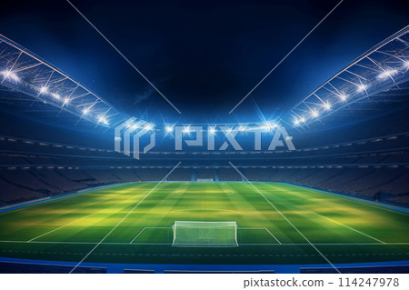 A soccer field with a large crowd of people spectators fans watching the game in evening. The stadium is lit up with bright flood spotlights ready for a match game 114247978