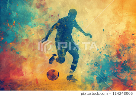 A soccer player dribbles and kicks a soccer ball. Abstract vintage grungy poster style with muted colors A soccer player dribbles and kicks a soccer ball. Abstract vintage grungy poster style with muted colors 114248006