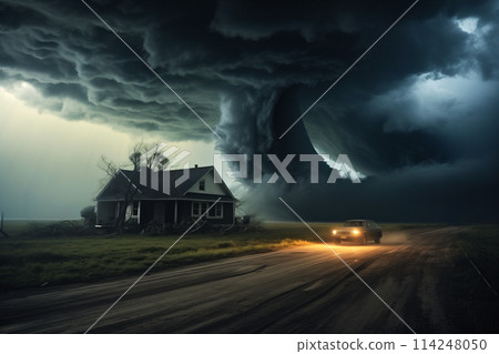 Disaster catastrophe storm concept - tornado in a field in the USA with wooden house and car on road under stormy dark sky Disaster catastrophe storm concept - tornado in a field in the USA with wooden house and car on road under stormy dark sky 114248050