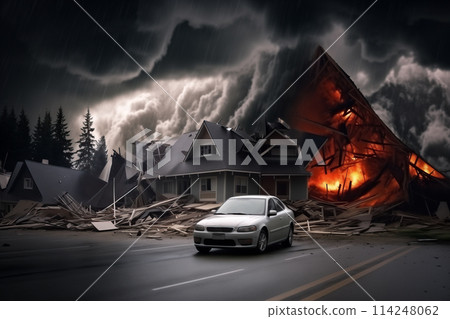 A car is in front of a destroyed by disaster house that is on fire 114248062