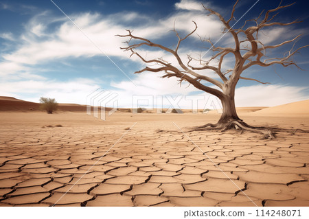 Drought climate change ecology solitude concept - dry dead tree in desert with a dry, cracked ground. The tree is the only sign of life in the barren landscape 114248071
