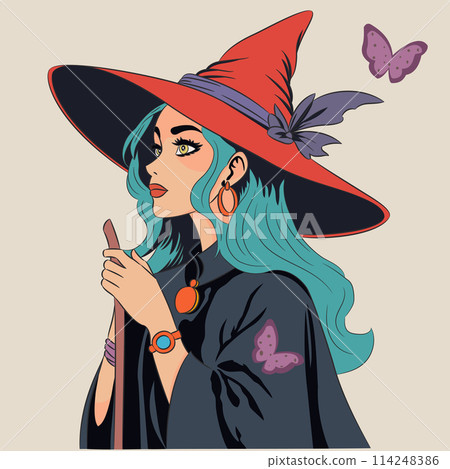 Beautiful girl in a red hat and with a staff isolated on a white background. Beautiful girl in a red hat and with a staff isolated on a white background. 114248386