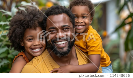 Smiling father and son standing close together Smiling father and son standing close together 114248636