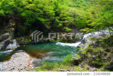 Houki River and Nunotaki Falls flowing through Shiobara Onsen, Nasushiobara City, Tochigi Prefecture 114249089