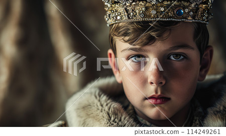 Close-up of a boy's face with a serious expression wearing a crown 114249261