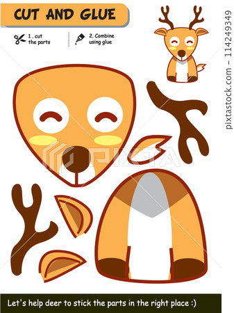 Educational paper game for children: Create a cute and simple deer using scissors and glue 114249349