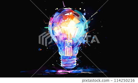 Watercolor illustration of a dreamy light bulb on a black background Watercolor illustration of a dreamy light bulb on a black background 114250216