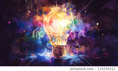 在黑暗中發光的夢幻燈泡的水彩插圖 114250312
