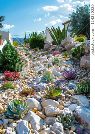 Colorful xeriscaping garden filled with succulents and rocks Colorful xeriscaping garden filled with succulents and rocks 114250320