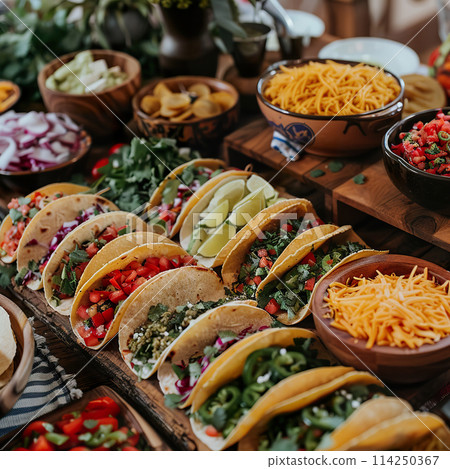 Variety of tacos with fresh toppings and bowls on a wooden table Variety of tacos with fresh toppings and bowls on a wooden table 114250367